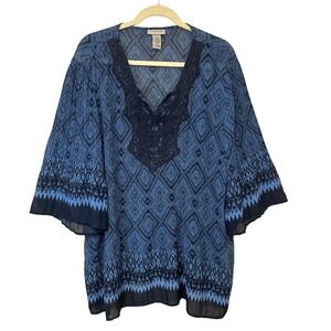 Catherines 1X Blue Geometric‎ Print V Neck Lace Trim Kimono Sleeve Tunic Top